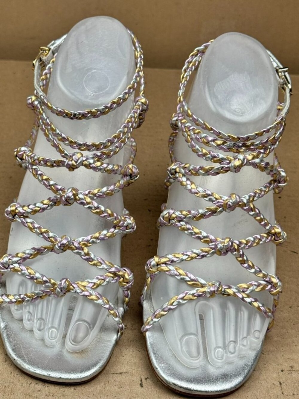 Larroude Women's Silver Multi Braided Strap Ankle Tie High Heel Sandals Size 8